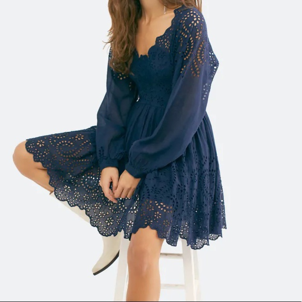 Free People One Lottie Eyelet Lace Navy Mini Dress